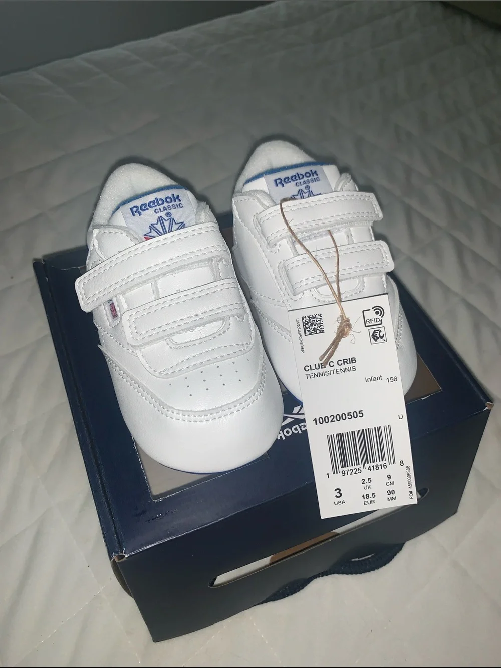 Reebok Baby Club C Crib Shoes in White with Blue Logo